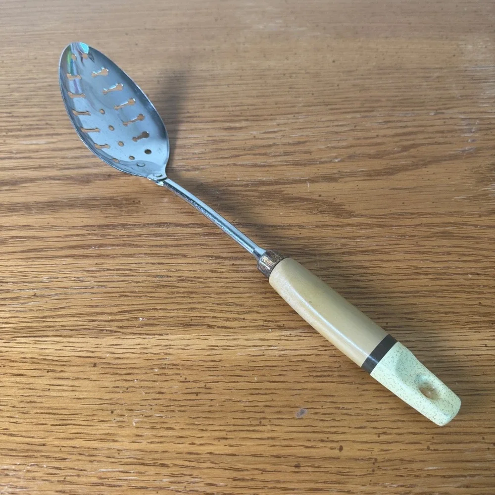 Vintage EKCO USA Chrome Slotted Serving Spoon Tan Speckled Glitter‎ Handle